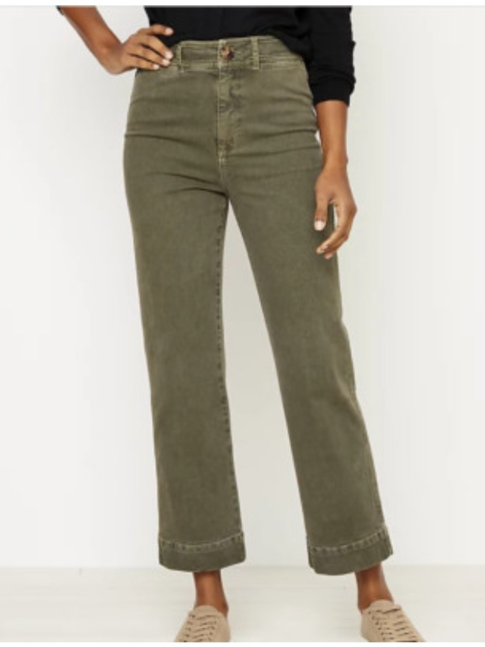 Ann Taylor LOFT High Waist Slim Wide Leg Crop Jeans Olive Green Stretch Denim 26